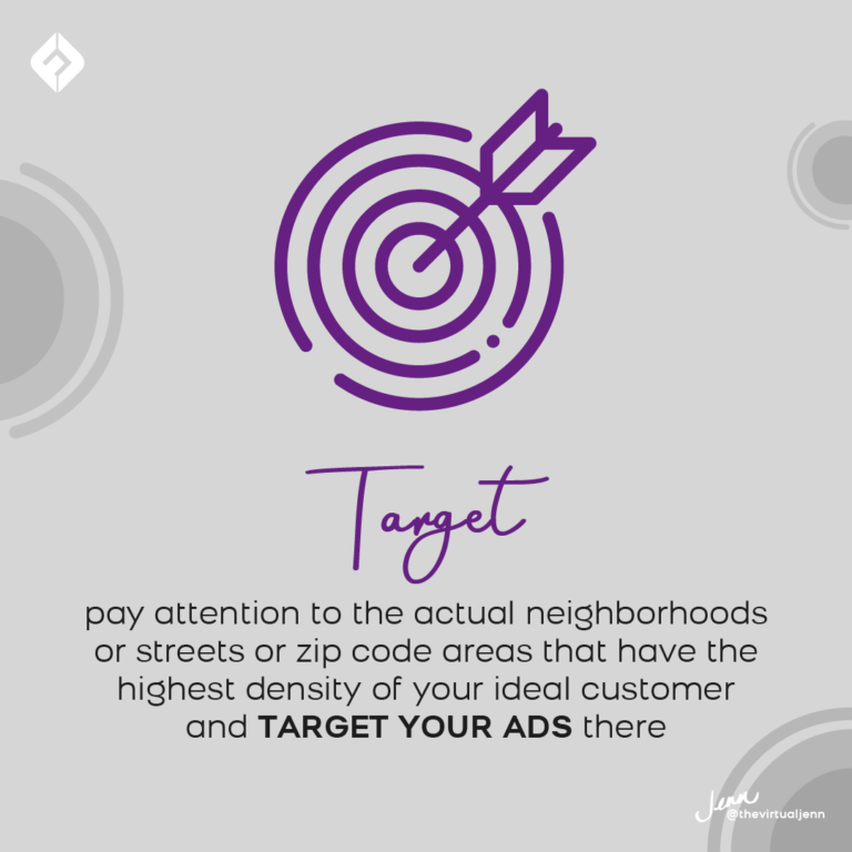 ● Target – pay attention to the actual neighborhoods or streets or zip code areas that have the highest density of your ideal customer and target your ads there